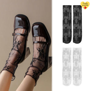 ถุงเท้ายาวลายลูกไม้น่องสไตล์ญี่ปุ่นถุงเท้ามีโบว์สำหรับถุงเท้าโลลิต้าถุงเท้าระดับเข่าฤดูร้อน