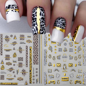 1Pcs 5D Relief Leopard Nail Stickers Gold Foil Stripe Irregular Geometric Nails Decals Adhesive Slider for Y2K Manicure Design 1