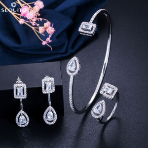 SEQUITO New Popular Unique Ladies 3Pcs Jewelry Silver Plated Inlay Square Waterdrop Cubic Zirconia Simple Trendy Adjustable Open Cuff Bangle Ring Drop Earrings Set SJ290
