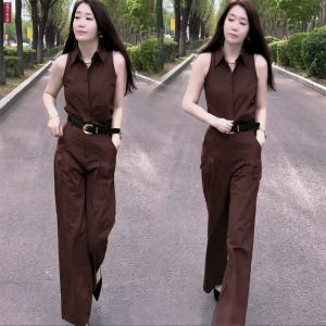 Spicy Girl Slim Fit Summer New Style Womens Sleeveless High Waist Wide Leg Pants Two-Piece Set Fashionable Casual Outfit