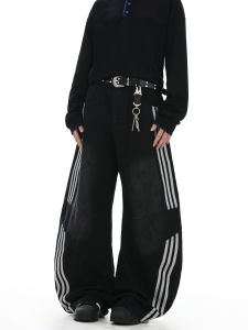 Woostop | Retro Stripe Three-bar Black Jeans 休闲 阔腿