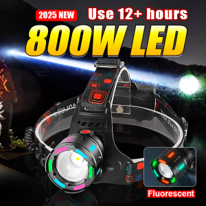 2025 New 800W High Power Headlight Rechargeable 18650 Headlamp Waterproof Outdoor Work Light Fluorescent Lamp Head