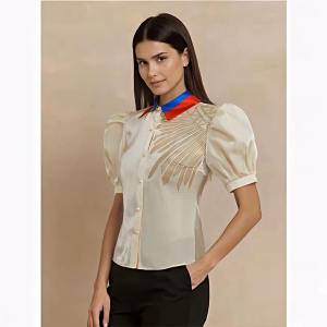 Amyenjoylife Philippine Design Shirt For Women Color-Blocking Neckline Elegant WomenS Shirt Slimming Puff Sleeve Top