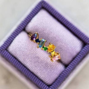 Huitan Trendy Rainbow Rings for Women Paved Geometric Colored Cubic Zirconia Modern Design Wedding Band Party Jewelry Fancy Gift