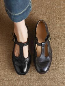 Fashionable Black Mary Jane Flat Heel Shoes Womens Genuine Leather round Head T-Strap Single Shoes Retro Style Casual Footwear