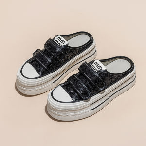 Comfortable Magic Tape Head Cover Half Slippers Thick Bottom Heightening Fashionable Sequin Travel Shoes Street Style Ultrafiber Leather