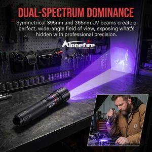 Alonefire 2-in-1 Zoom 395nm+365nm UV Light Flashlight USB Rechargeable Torch Pet Urine Stain Ore Money Scorpion Detection Lamp