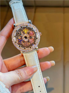 1 Upgraded Version of the Bright Eye-Catching Fashionable Luxury Womens Watch Inlaid with Colorful Rhinestone Quartz Watch Equipped with Charming Rotating Colorful Snowflake Dial Stainless Steel Case Durable Leather Strap Waterproof Design Watch ...