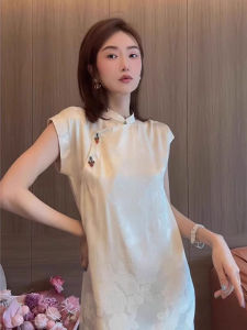 YUFUQING | Elegant White Qipao Dress Chinese National Style Summer Luxury High Waist A-Line Skirt Short Sleeve Stand Collar GZY3605