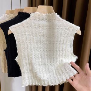 เสื้อกล้ามสายเดี่ยวปกคอเสื้อปลอมแมทช์ลุคง่ายสำหรับผู้หญิงเสื้อตัวในคอปกลูกไม้คอสูงปานกลางเสื้อแขนกุดใส่ด้านในสำหรับฤดูใบไม้ร่วงและฤดูหนาว