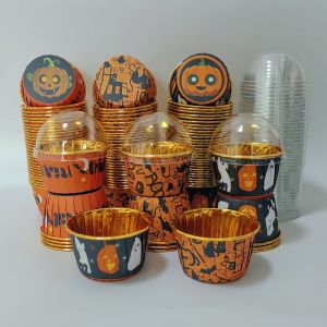 ถ้วยเค้กสไตล์ฮาโลวีน ถ้วยคัพเค้กแบบใช้แล้วทิ้ง 50 ชิ้น ถ้วยมัฟฟินพร้อมฝาปิด/ไม่มีฝาปิด ถ้วยอบ ทนความร้อน