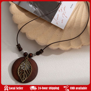 Round Wooden Leaf Owl Long Sweater Chain Necklace Wood Beads Collar Female Jewelry Neck Accessories Gift Vintage Fashion Winter Long Sweater Chain Necklace Handmade Wooden Round Pendant Necklace Famale Bijoux Collier Jewelry Gifts