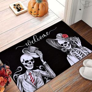 Gothic Skeleton Couple Door Mat Spooky Undead Day Non-Slip Entry Rug Vintage Aesthetic Entrance Floor Mat Halloween Decor