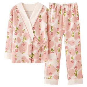 miiow | Maternity Sleepwear Set Womens Air Cotton Thickened Warm Nursing Home Clothes Long Sleeve V-neck Plant Floral Patterned Pajamas