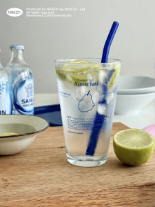 NANZA Blue Glass Cup with Straw High Temperature Resistant Water Cup Coffee Mug Milk Drink Cup Birthday Gift Cylinder Shape