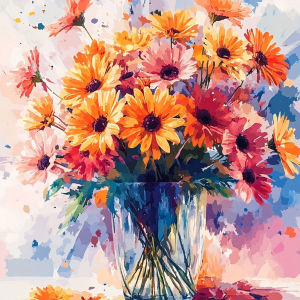 Huacan DIY Flower Digital Oil Painting Daisy Bouquet Glass Vase Handmade Painting Home Wall Decoration Handmade Gift