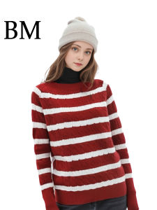 BM Red And White Striped One-Shoulder Sweater Christmas New Year Vintage Twist Knitted Sweater Autumn Winter Sweet Style Regular Fit