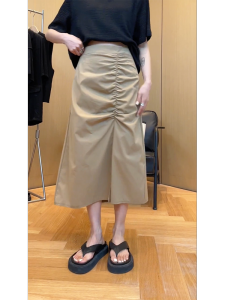 MANMI | Chân Váy Midi Phong Cách Retro Màu Khaki Nếp Ly Cao Waist Slimming