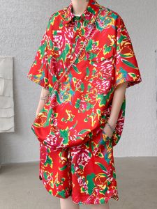 Casual Summer Thin Flower Pattern Mens Set Short Sleeve Loose Fit T-Shirt And Shorts Two-Piece Suit Polyester Fiber Youth Fashion