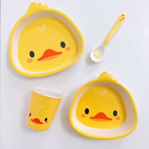Cute Little Yellow Duck Tableware Suit Childrens Dinner Plate Drop-Resistant Shape Bowl Cup Spoon Baby Food Supplement Cartoon Household Bowl Plate