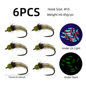 6PCS #10 Non-barb Hook Mottled Brass Bead Head Scud Nymph Fly Realistic Luminous Bug Worm Fly Fishing Trout Char Lures