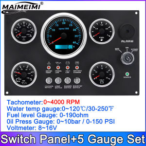 RYSJM | 5 Gauge Set Switch Panel Boat Dashboard 85mm Tachometer 3000 8000 RPM +52mm Fuel Level Meter Voltmeter Oil Press Gauge 12V