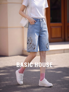 Basic House | Light Blue Lace-Up Denim Shorts Summer Straight