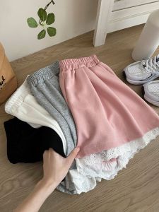 Retro Elastic Waist Lace Trim Korean Style Wide Leg Shorts Women Summer Casual Versatile Sweet Outerwear Patchwork Hot Pants