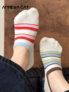 ถุงเท้าเรือคอตตอนบางกันลื่นสำหรับผู้หญิง ถุงเท้าสั้นแบบมองไม่เห็น ลายทางสีตัดกัน ถุงเท้าเรือแบบสวมสบายในช่วงฤดูร้อน