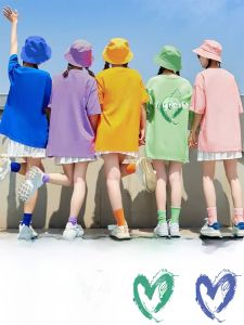 Dopamine Candy Color Heart Pure Cotton Short Sleeve T-Shirt Korean Style Loose Fit Summer Top for Travel Sister Group Building Best Friend Outfit Class Uniform