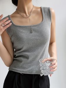 MiiOW | Gray Wide Shoulder Strap Womens Tank Top Slim Fit Thin Style Sleeveless Square Collar Versatile Base Layer Outerwear For Summer