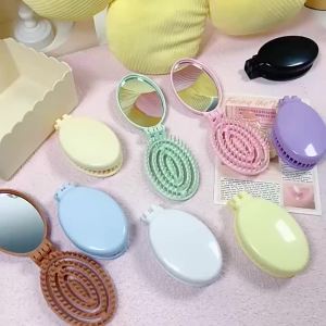 Foldable Travel Hair Brushes with Mirror Portable Folding Pocket Hair Brush Mini Hair Comb Compact Size Hair Massage Comb