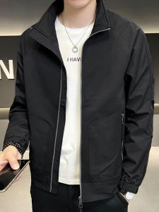 ROMON | Romon Mens Short Casual Stand Collar Workwear Jacket Outdoor Fashionable Urban Style Windproof Polyester Fiber Zipper Decoration