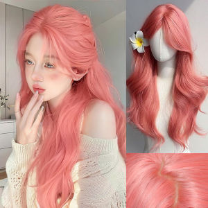 วิกผมสีชมพูยาวหยักวิกผมสังเคราะห์กลางวิกผมคลื่นธรรมชาติความร้อนทนคอสเพลย์ปาร์ตี้ทุกวันวิกผมเหมาะสําหรับผู้หญิง LM