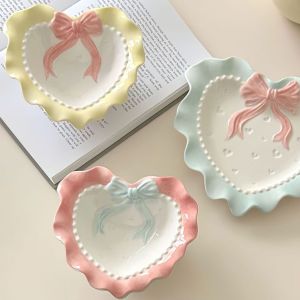 Cute Wave Edge Ceramic Plate Bowl Girls Heart Home Use Rice Bowl Plate Ruffle Edge Dopamine Dining Utensils Heart Shaped Dish