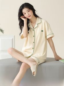 MiiOW | Pure Cotton Summer Sleepwear Womens Short Sleeve Shorts Two-Piece Set Thin Full Cotton Cool Feeling Home Clothes Set