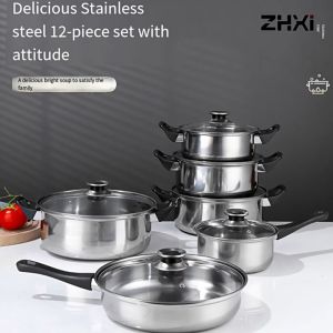 ⏰Wholesale Store: 12 Pcs Stainless Steel Cookware Set Kitchenware Set Non Stick Pot Suit For Induction