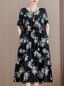 Floral Print Midi Dress Mom Cotton Silk Loose Fit Summer New Style for Middle-Aged Women A-Line Skirt round Neck Short Sleeve
