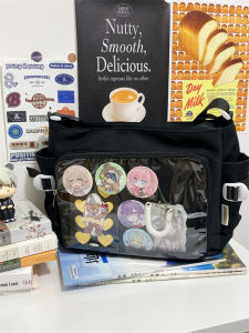 Large Capacity Mens Shoulder Bag Anime Theme Transparent Black Single Strap Crossbody Bag for Students Casual Nylon Material