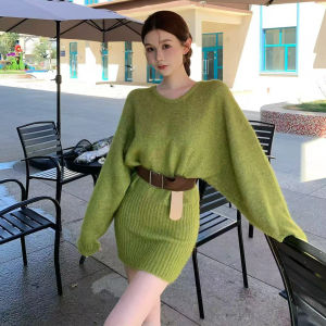 YUEZHONGWEI | French Irregular Brown Off-Shoulder Long Sleeve Knit Dress