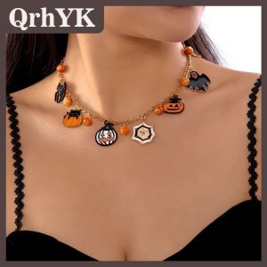 QrhYK Gothic Punk Halloween Kim Loại Chuỗi Vòng Cổ Cho Phụ Nữ Người Đàn Ông Cổ Điển Màu Đen Spider Bat Bí Ngô Ma Xương Đòn Choker Lễ Hội Đồ Trang Sức