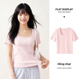 spao | Áo Thun Sơ Mi Ôm Người Màu Đào Cổ U Tay Ngắn