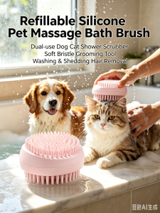 Refillable Silicone Pet Massage Bath Brush Dual-use Dog Cat Shower Scrubber for Washing & Loose Hair Removal