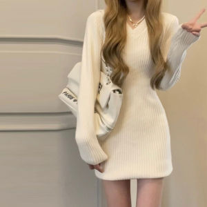 High Waist Knitted Wrap Dress Long Sleeve V-Neck Base Layer Dress for Date Autumn Winter Polyester Fiber Short Skirt Dress