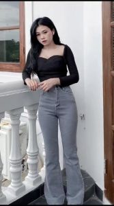 Adhisti-Yanes Cutbray Celana Wanita Jeans Strecth Overlong Ligh Grey