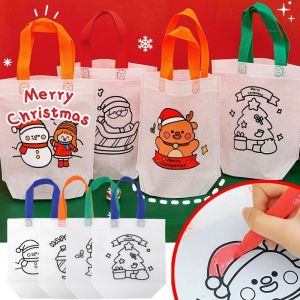 Cartoon Christmas Pattern Graffiti Tote Bag DIY Interesting Painting Coloring Gift Packing Pouch Christmas Decoratation
