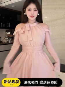 ชุดเดรสยาวแขนกุดคอวีแขนยาวทรงเอเอวสูงสำหรับผู้หญิงไซส์ใหญ่ ชุดฤดูใบไม้ร่วงสำหรับผู้หญิงไซส์เล็ก ชุดเดรสยาวเอวสูง