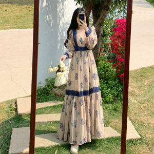 Plus Size Atmosphere Dry Rose Feet Nude Dress Spring & Fall Plus Size Ladies Retro Print Stylish Slim Looking Dress