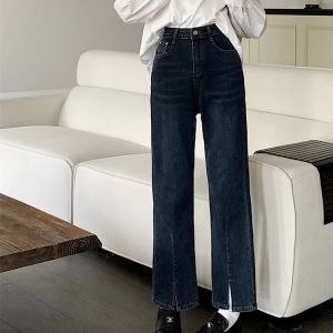 plus Size Womens Blue Grey Straight Leg Jeans High Waist Slimming Nine-Piece Pants Flared Trousers Comfortable Casual Denim
