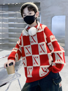 Autumn Winter Knitted Sweater for Boys Childrens Clothing Red Color Casual Style Long Sleeve round Neck Thickened Fabric
